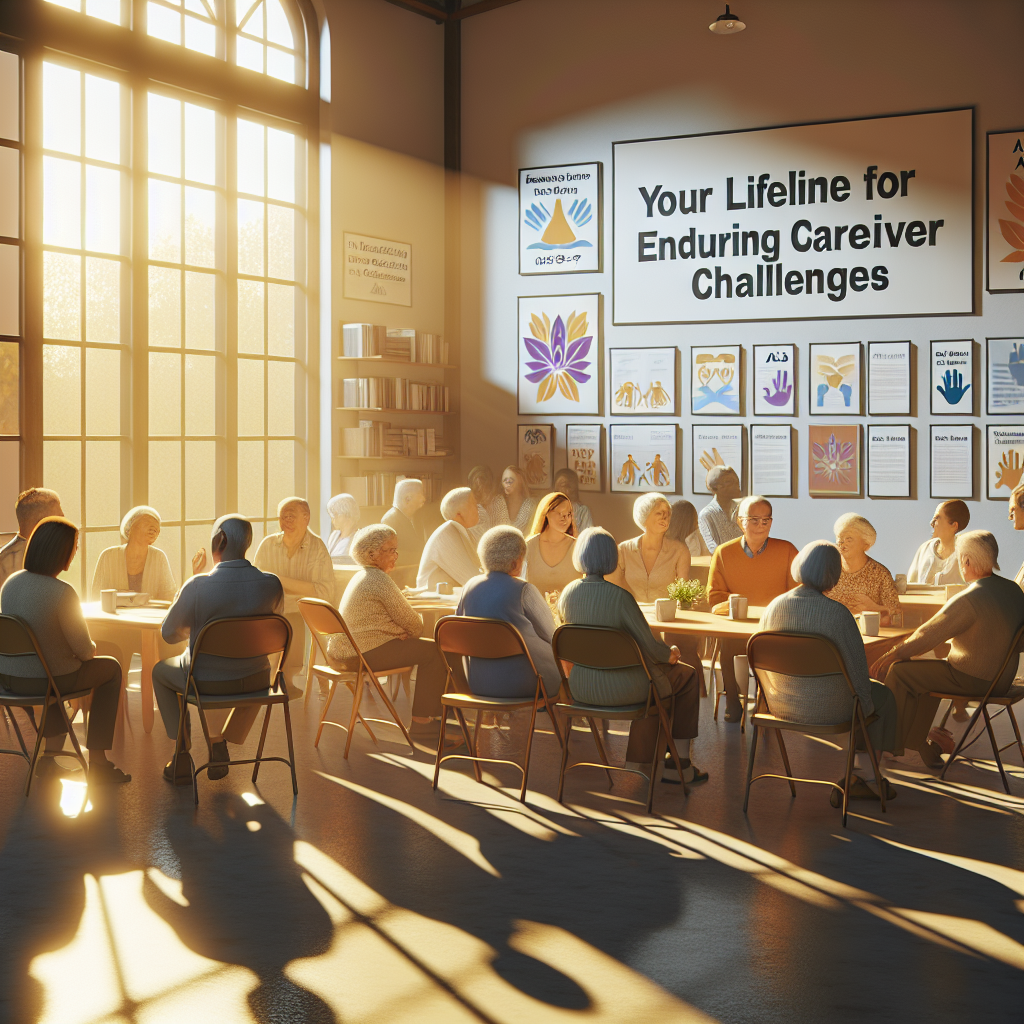 A warm and comforting scene set inside a spacious room with natural sunlight streaming through the large windows, casting soft shadows. The room is filled with individuals from different descents such as Caucasian, Hispanic, Black, Middle-Eastern, and South Asian, evenly distributed. The group consists of an equal mixture of men and women, all there for a common purpose - to participate in an ALS support group meeting. They are engaged in conversation with one another, sharing stories, experiences, and giving comfort. Displays of brochures and posters relating to 'Your Lifeline for Enduring Caregiver Challenges' are scattered around the room.