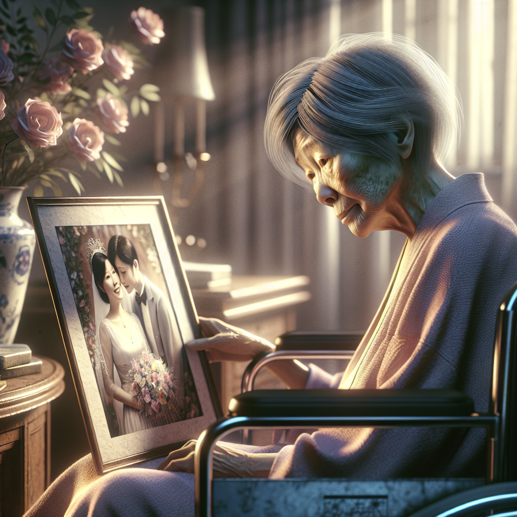 Rendering a gripping and deeply emotional scene depicting the struggles of an ALS patient, an individual of Asian descent and female gender. Paint a vivid image of the soft, melancholic gaze in her eyes as she looks at a family wedding photograph, the mirthful event vividly captured therein. Use natural lighting to illuminate the room, casting soft shadows over her wheelchair while the sun softly filters in through the curtains. The atmosphere is filled with an air of sadness but also a strong resilience, highlighting the heartbreaking personal battles these heroes endure.