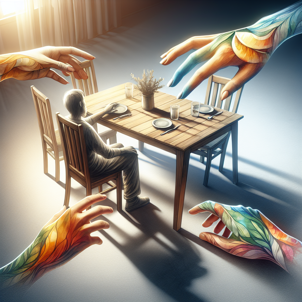 Generate a high-quality, photorealistic image using natural lighting and soft shadows. Display a scene about an invisible illness, ALS. Illustrate the theme of family isolation with an empty dinner table with four seats, but only one occupied. Simultaneously, depict the stirring of solidarity with a visual metaphor, such as two hands reaching towards one another, each painted with different watercolor patterns representing unique individual experiences coming together.