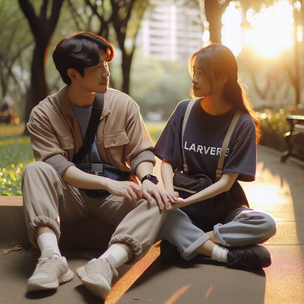 A serene scene set in an outdoor park during sunset that captures natural lighting and soft shadows. In the frame, an Asian male in a position of ALS caregiver dressed in casual clothing, is affectionately holding hands with a Black female, portraying a courageous and graceful demeanor. The background is blurred to highlight the couple, and they are both engaged in a warm conversation, encapsulating the complexity of navigating deep emotions. They are casual in their mannerism and comfortable in each other's company, suggesting their dating status.
