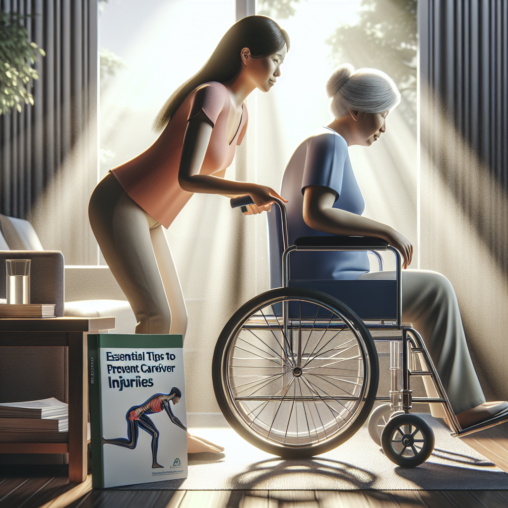 A detailed image showing a scene of an ALS caregiver, an Asian woman, carefully assisting a middle-aged Caucasian patient in moving from a wheelchair using safe techniques to avoid back pain. The surroundings are bathed in natural lighting, casting soft shadows throughout the environment. On a side table, a helpful guidebook titled 'Essential Tips to Prevent Caregiver Injuries' is prominently displayed. The image should vividly depict the careful maneuvering that the caregiver employs, demonstrating how appropriate postures and techniques can prevent back pain and other potential harm.
