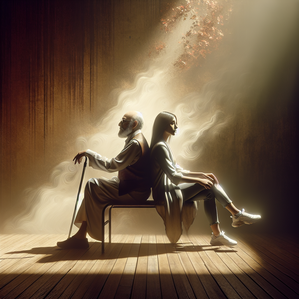 An evocative, high-resolution image paves way to deep emotions. The concept revolves around 'ALS Family Resentment: Unveiling the Effortless Cure to Caregiver Anger'. Amidst the natural lighting and soft shadows, a crash of emotions collide. Two figures sit side by side, one Middle-Eastern male in his 50s showing signs of ALS, leaning slightly on his walking aid, and the other a young, Caucasian female probably in her late-20s, his caregiver. They sit reflecting calmness, a soothing aura of invisible bond that sparks the visual representation of the 'Effortless Cure' to the caregiver's previously harbored resentment.