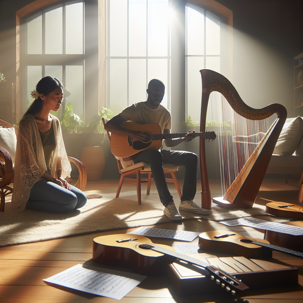 Imagine a serene and peaceful space filled with gentle sunshine. Evidence of music therapy is everywhere; there's a soothing tune playing softly in the background, several musical instruments carefully placed around, such as the pacifying harp and a comforting guitar, with sheet music scattered on a nearby wooden table. An Asian woman and a black man, each displaying strong resilience in their eyes, are sitting on comfortable chairs, both engaged in the therapy. Notes of happiness, joy, and healing seem to fill the room, a resting place for the body that acts as an emotional outlet for them to unleash their feelings.