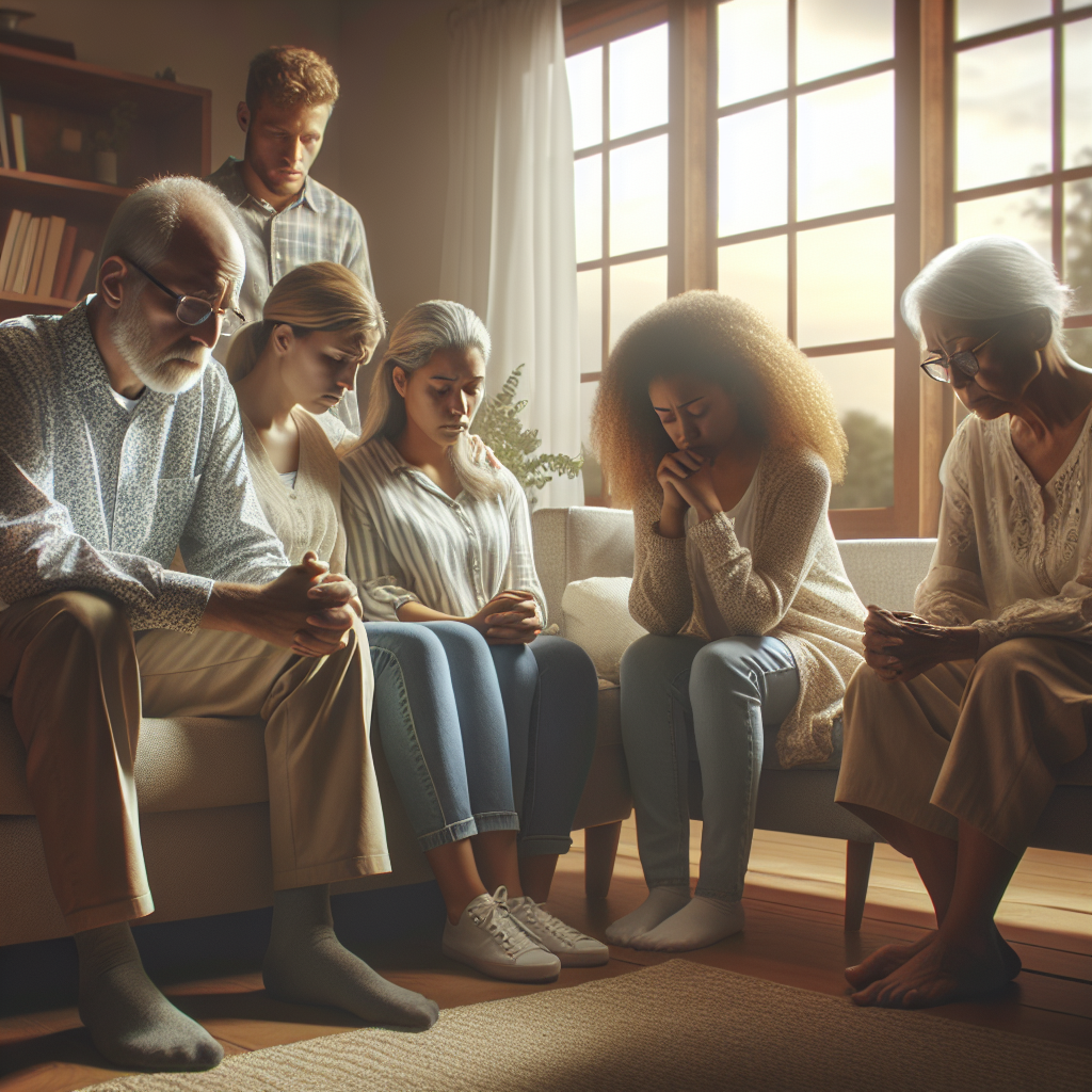 Create a photorealistic image that conveys the concept of long-term grief caused by ALS. Show the powerful bonds and resilience of a family unit in the aftermath of their shocking experience, under natural lighting and soft shadows. This should include a multiracial family sitting in their living room, each individual lost in their thoughts and the distinctive expressions of grief and pain should still be visible. Don't shy away from the reality of the situation but ensure the essence of family love and solidarity is evident.