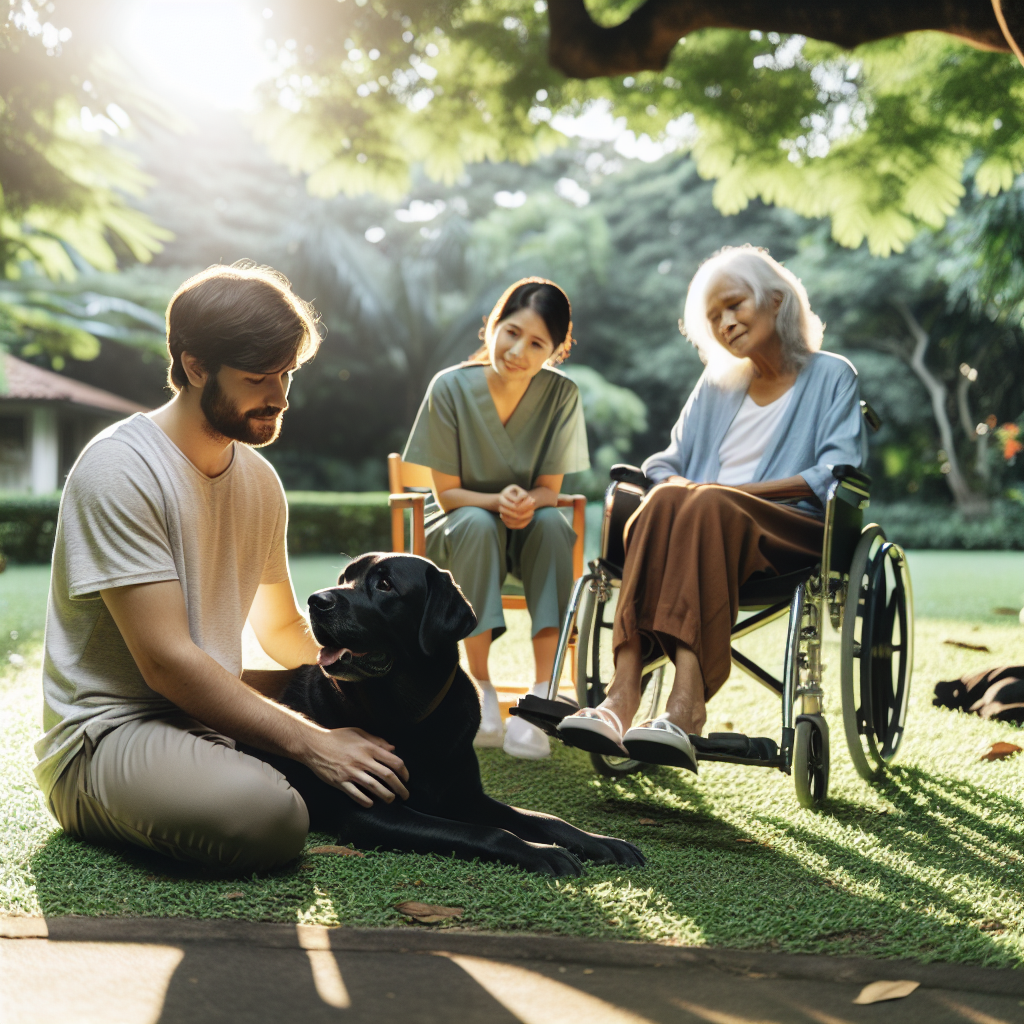 A peaceful outdoor scenario featuring a well-trained therapy dog interacting with an ALS (Amyotrophic Lateral Sclerosis) patient. The black Labrador Retriever, with its kind and empathetic eyes, is lying down next to a Caucasian male patient sitting in a wheelchair. The South Asian female caregiver is standing nearby, watching the interaction. The scene is suffused with natural sunlight, casting soft shadows on the grass and the people. Nearby, a tree provides a gentle shade over the scenario. The impact of their connection radiates, providing a sense of emotional support and calmness.