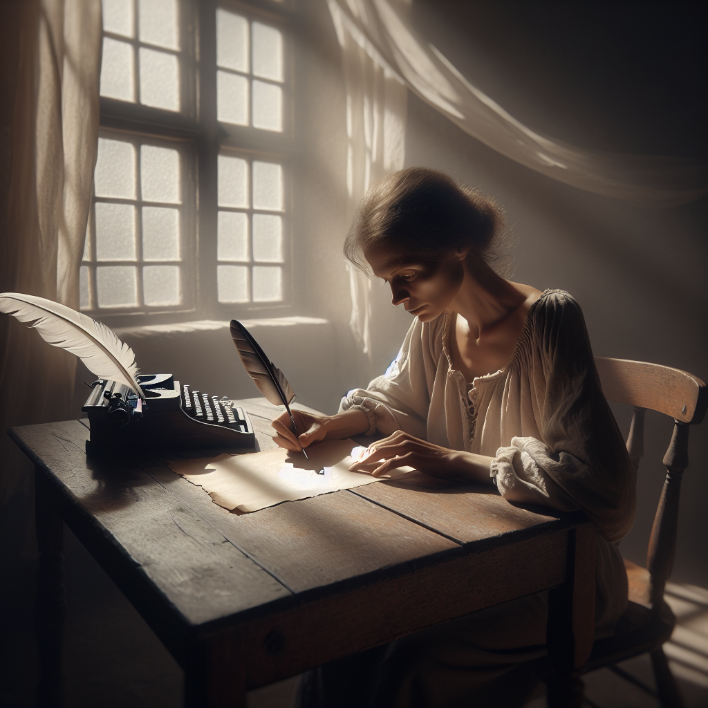 Visualize a poignant scene capturing a significant moment in a journey with ALS - a day marked by the inability to write. Imagine a Caucasian woman sitting at a quaint, wooden desk bathed in gentle, natural light filtering through a nearby window. She is staring at a feather quill pen and a piece of parchment, her hand resting on the desk, unable to move. Soft shadows drape over the scene, adding to the emotional weight. Convey the profound sadness and the heartbreaking reality of the loss of such a fundamental ability.