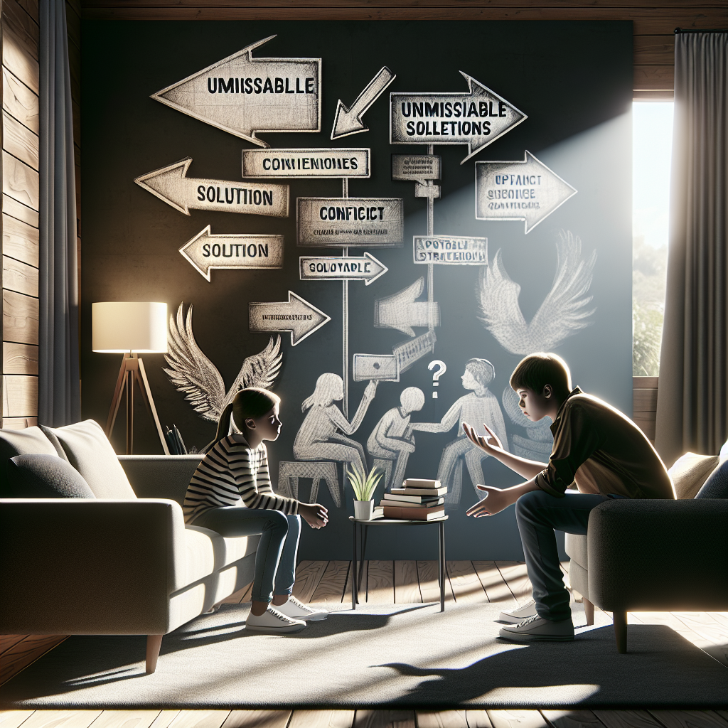 Depict a setting where siblings are having a discussion with clear frustration on their faces, symbolizing a conflict. Include in the background, a visual representation of potential solutions like a book about unmissable strategies, a mediator or counselor talking to them, or signs pointing in different directions indicative of various options. Capture this scene in a space that feels homely and familiar, perhaps a living room. Utilize natural lighting that pours in through a window and creates soft shadows that dramatize the atmosphere.