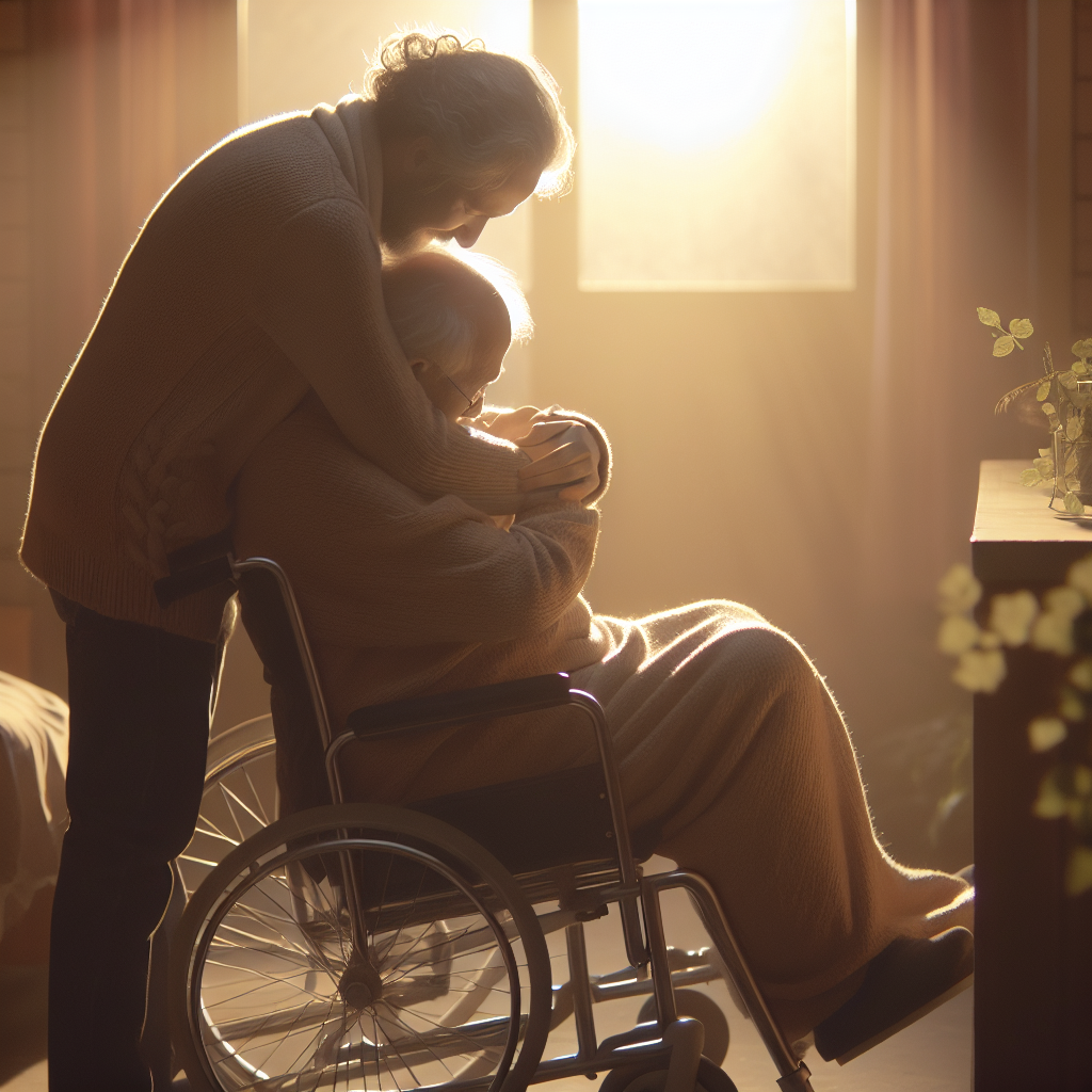 A poignant yet inspiring scene depicting the physical limitations due to ALS but highlighting resilience. The image portrays a person trying to hug a loved one, however, they struggle due to their physical restraints caused by the condition. There's a soft, natural lighting that warmly illuminates the scene, creating gentle shadows. The sheer determination of the person is easily noticeable, adding to their resilience, and making the atmosphere heartbreakingly beautiful.
