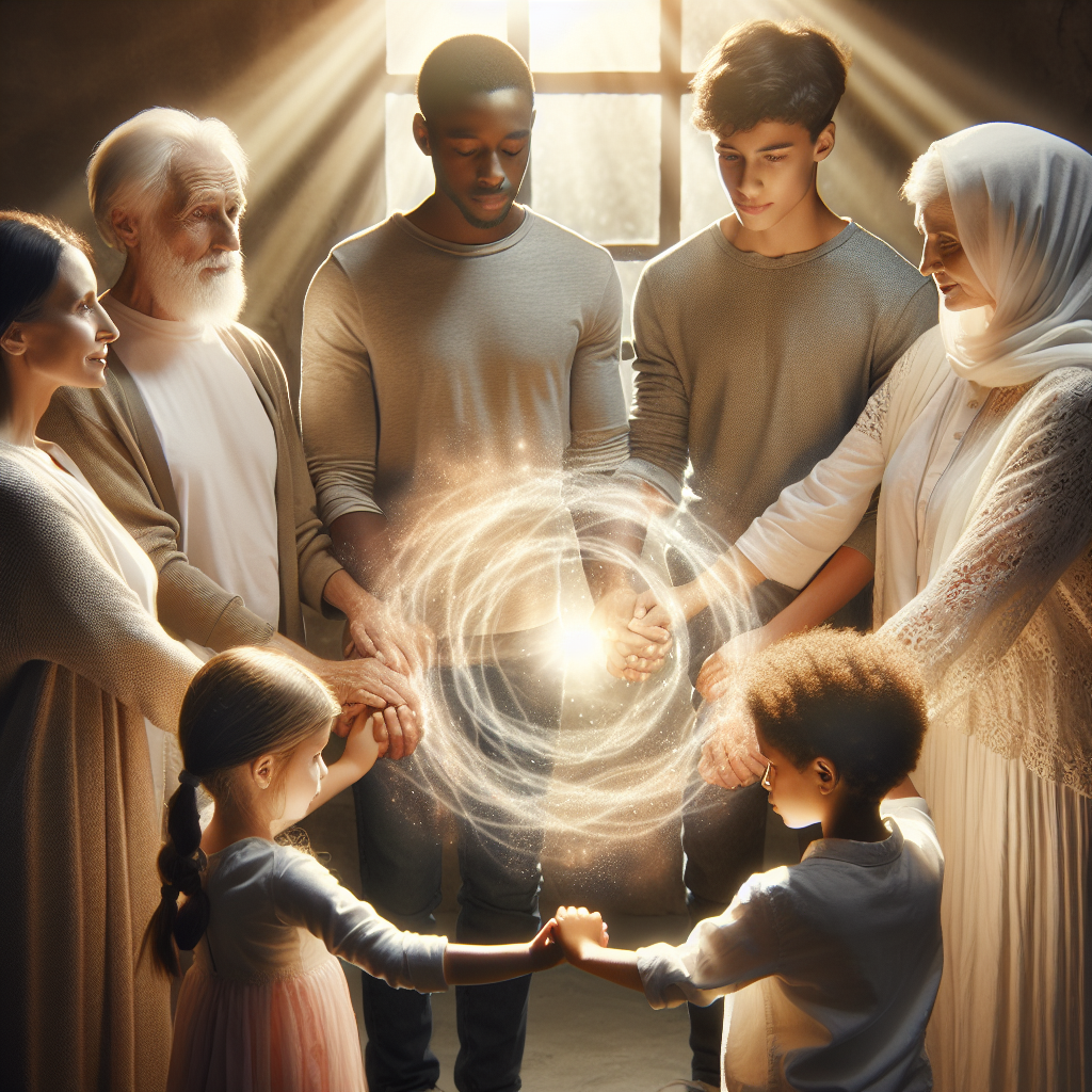 Create a detailed and high-quality image symbolizing the spirituality of a family journey against ALS. Showcase a multiracial family of various ages, including a Black elderly man, a young Caucasian woman, a Middle-Eastern teenage boy, and a Hispanic toddler, holding hands in a circle. Depict the circle of family unity emitting a soft, ethereal glow suggesting the power of faith. The setting should be serene and peaceful, suggesting the tranquility of natural lighting. Play with the dynamic of soft shadows to add depth to the scene, underscoring the quiet strength and determination of the family unit against adversity.