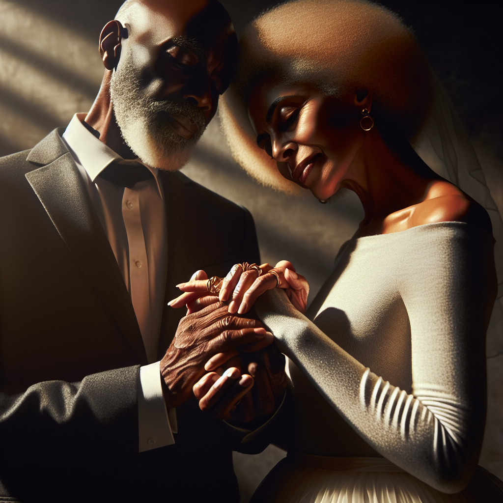Generate a high-quality, photorealistic image that portrays an inspiring scene of relationship resilience in a context of overcoming a challenging health situation, such as ALS. The image should capture the essence of a strong marriage, illuminating the depth of their union. Picture it with natural lighting that enhances the strength of the characters and levity of the moment. Preferably, an older Black man and a Middle-Eastern woman intertwined hands, showcasing their wedding rings. Soft shadows are cast surrounding them, emphasizing their connection in a harmonious and peaceful setting.