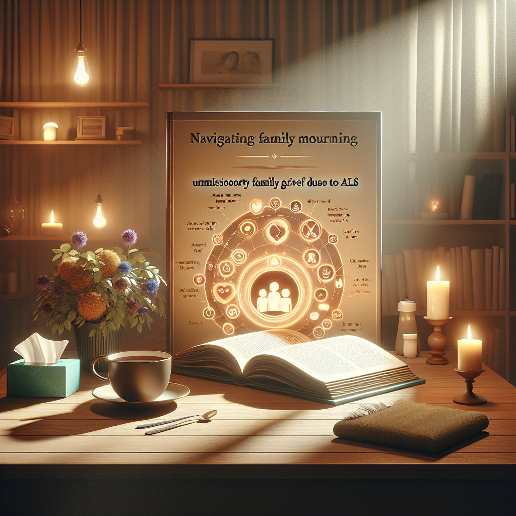 A serene, photorealistic scene representing the theme of 'Navigating Family Mourning' from the perspective of an unmissable guide about Anticipatory Grief due to ALS. The image includes a warmly lit, calming room filled with soft shadows. In the room, there's a well-lit open book that sits on a wooden table, displaying insightful guidance, visualized as navigational icons and symbols. The surrounding space is filled with supportive motifs like a comforting cup of tea, family photos, and a box of tissues. An empathetic atmosphere pervades the image, signifying understanding, support, and healing.