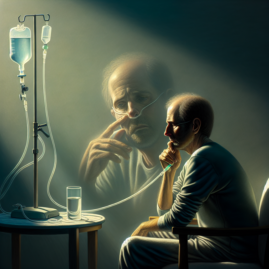A profound scene depicts a solemn moment where an individual is contemplating a difficult decision in a room bathed in natural light, resulting in soft shadows cast around the scene. In this medical setting, there's a feeding tube apparatus on a table next to the person, symbolizing the person's affliction with Amyotrophic Lateral sclerosis (ALS). The individual portrayed is of Caucasian descent, with a mix of fear and determination etched into their visible features. It's not the tube the person is rejecting but the implication that it represents – a loss of control over their own body. Consequently, it's a powerful personal choice they're confronted with.