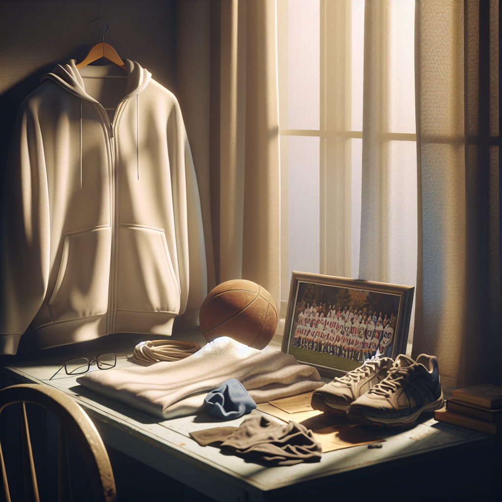Create a poignant, high-quality photograph that represents social withdrawal, specifically centered on former athletes coping with ALS (Amyotrophic lateral sclerosis). The scene is softly lit, with subtle shadows adding depth. It might focus on symbolic items such as a neatly folded sports uniform or neglected sports gear. There could be elements depicting time's passage, such as an aged photograph of a diverse sports team. A soft, melancholic mood should be prominent, perhaps rendered through muted colors or an empty, silent room. Characters are not necessary in the scene, unless they subtly add to the narrative.