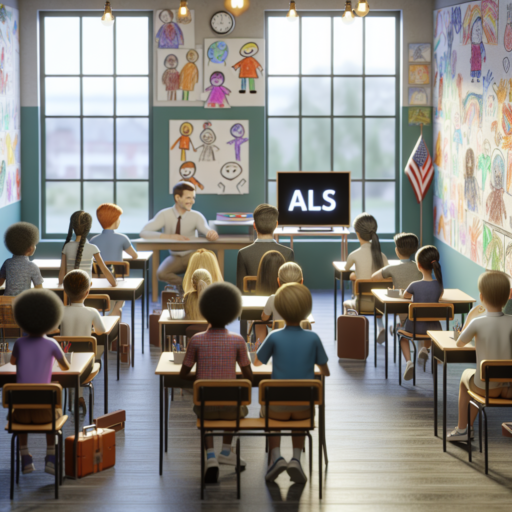 Create a heartwarming and educative image portraying a diverse group of children sitting in a classroom. The focus of the classroom is a presentation about ALS, designed to inspire and educate children about this condition. In this setting, students of different descents such as Caucasian, Black, Hispanic, Middle-Eastern, East-Asian, and South-Asian should be equally represented. The inner decor of the classroom should be colourful and inviting, with drawings by children plastered on the walls. Have natural lighting seeping in from windows, casting soft shadows in the room for a photorealistic effect.