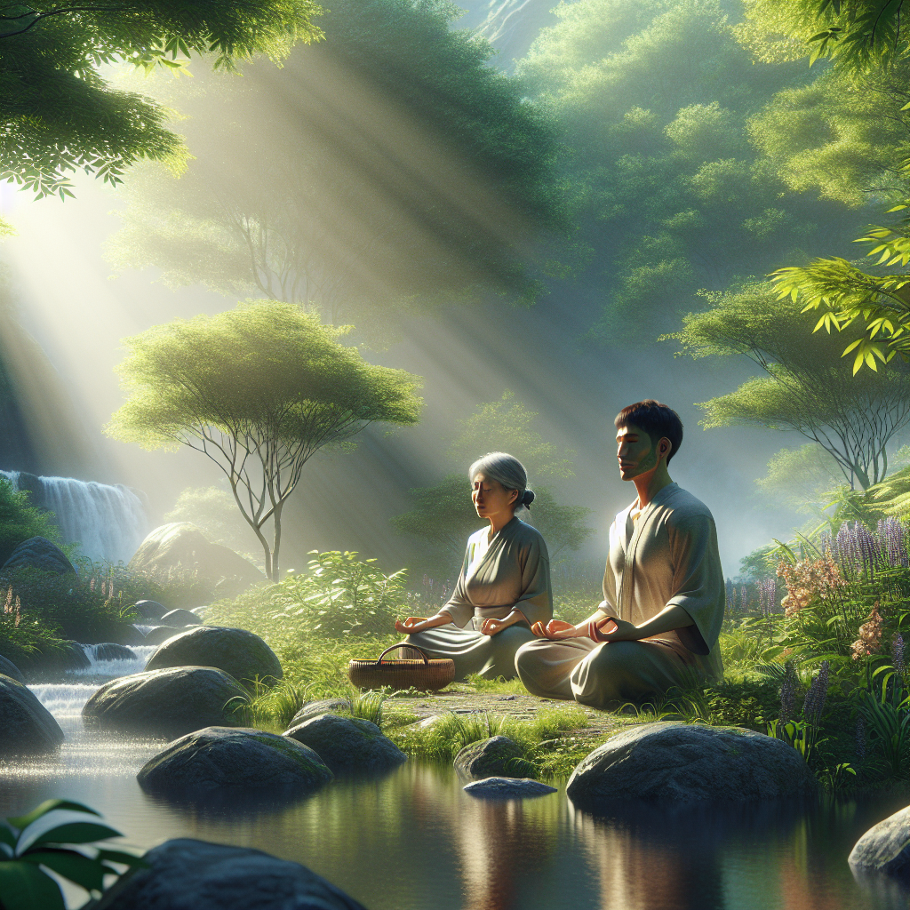 Generate a high-quality, photorealistic image using gentle natural lighting and soft shadows. The scene should capture ALS precious moments and reflect the unforgettable power of mindfulness. Set in a tranquil and serene setting of lush greenery where a middle-aged Asian woman and a young Caucasian male are practicing mindfulness. They could be meditating, resting in peaceful silence, or expressing gratitude. The surroundings should be characterized by significant elements of nature like blooming flowers, green trees, and a slowly flowing stream. The entire aura should radiate tranquility, mindfulness, and emotional strength.