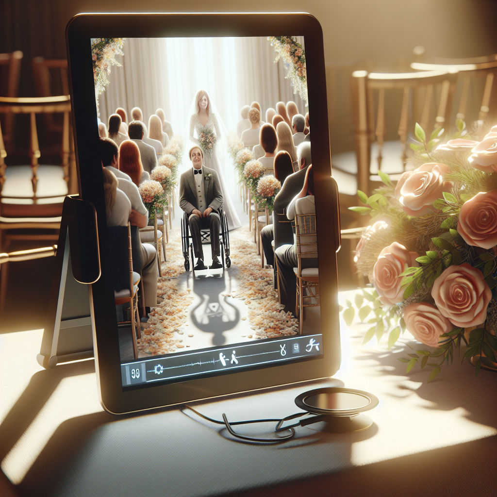 Generate a photorealistic image depicting a poignantly emotional scene from a family wedding. The image should feature a digital communication device, such as a tablet or a laptop, from which a person is attending the wedding virtually. The device should be placed in a prominent position, like on a decorated chair or table. Use natural light to give the image a soft and warm quality. Include subtle details which indicate that the person on the screen is an ALS patient, such as a wheelchair emblem or an ALS awareness ribbon on the device. Remember to utilize soft shadows to enhance the depth and realism of the image.