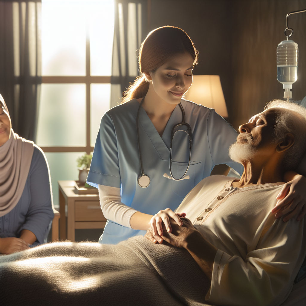 A soothing and heart-warming scene where a Caucasian female nurse is providing compassionate comfort care to an elderly South Asian male at an early hospice dedicated to ALS patients. The room is brightly lit with natural light, casting soft shadows around, lending an air of tranquility. The family, a Middle Eastern woman and a Hispanic man, looking at them with expressions of relief and gratitude. The atmosphere is filled with love and serenity, illustrating the immense impact of this care on the families.