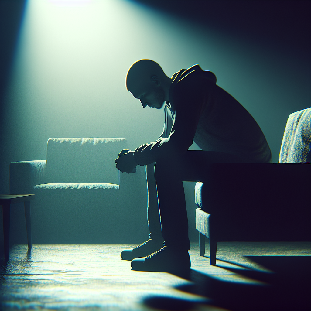 Generate a high-quality, photorealistic image using natural lighting and soft shadows that encapsulates the concept of 'End Stage Worry'. The scene should embody the emotions of fear and anxiety, possibly depicting an individual sitting alone in a dimly lit room. Their pose conveys a sense of uncertainty and concern. Please ensure that the ambiance incorporates the soft shadows to enhance the mood of the setting.
