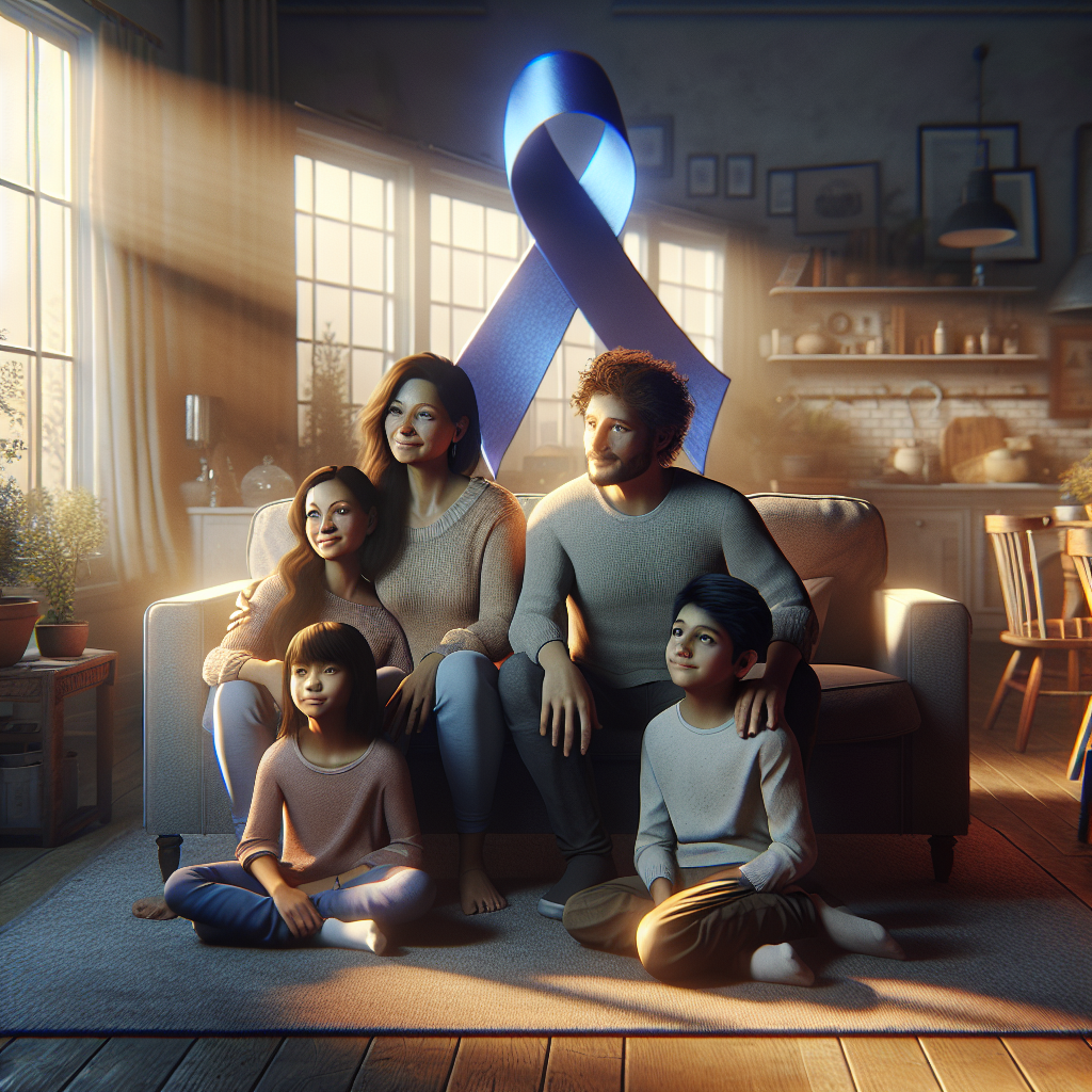 A photorealistic image highlighting a concept titled 'ALS Invisible Illness: Overcoming Family Isolation with Unmatched Strength'. The scene includes a family of four, two parents and two children with diverse ethnic backgrounds. A South Asian mother, a Caucasian father, a Hispanic girl, and a Middle-Eastern boy. They sit together in a cozy living room, light pouring in from a window, throwing soft shadows. The room exudes warmth and unity, with elements suggesting they are overcoming something significant together. There might be symbols subtly referring to ALS, such as a lou gehrig's disease awareness ribbon shown prominently yet unobtrusively within the scene.