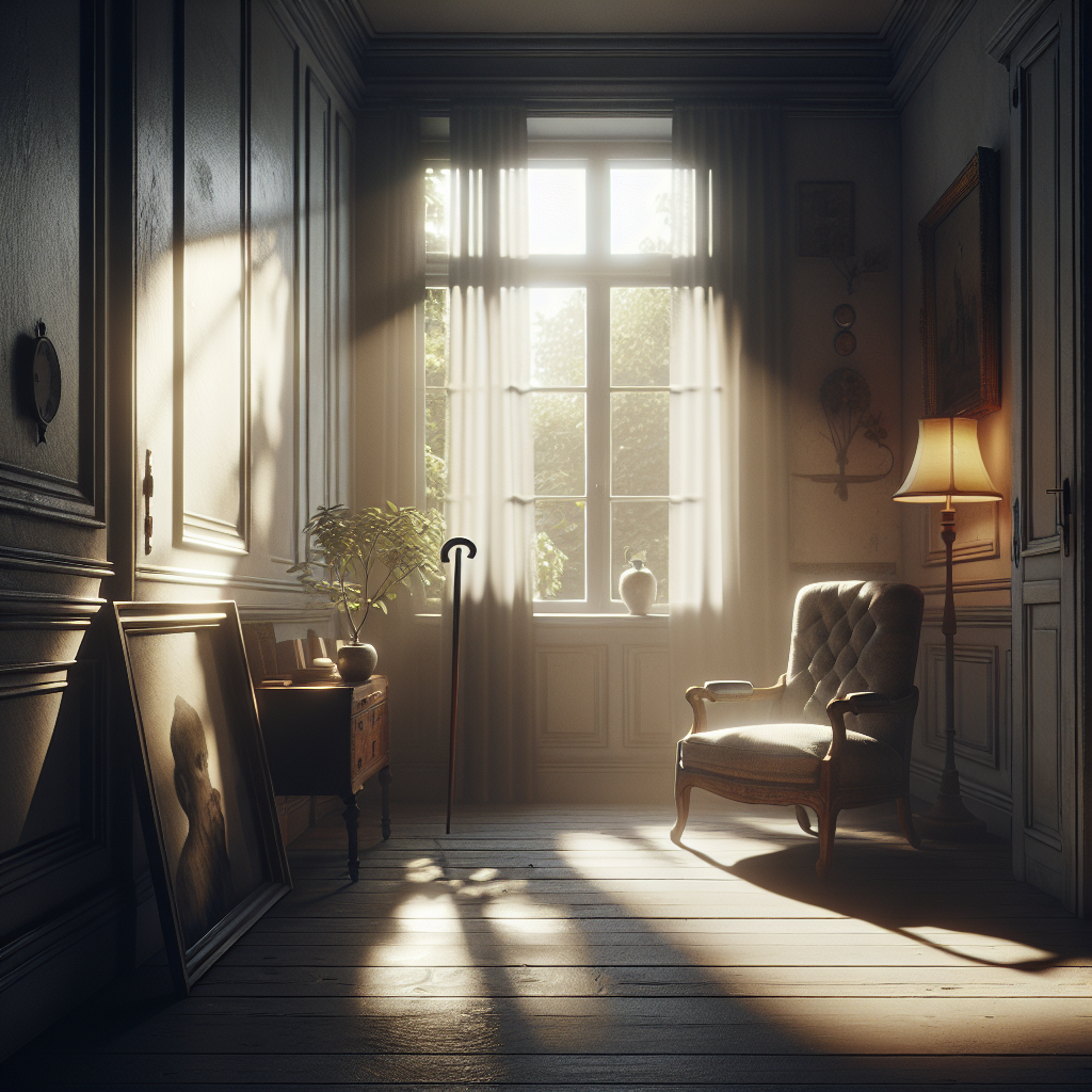 Produce a high-resolution, photorealistic image that conveys the heavy emotion of prolonged mourning often experienced by individuals with ALS (Amyotrophic Lateral Sclerosis). The image should depict a quiet indoor setting with a single, gently illuminating source of natural light, perhaps a partially opened window. Allow this light to cast soft, diffuse shadows around the room, adding depth and texture to the scene. Include symbols and artifacts that may represent the ongoing grief and struggle, like a well-worn armchair, a walking cane or an empty picture frame. Please, do not include any humans in this representation.