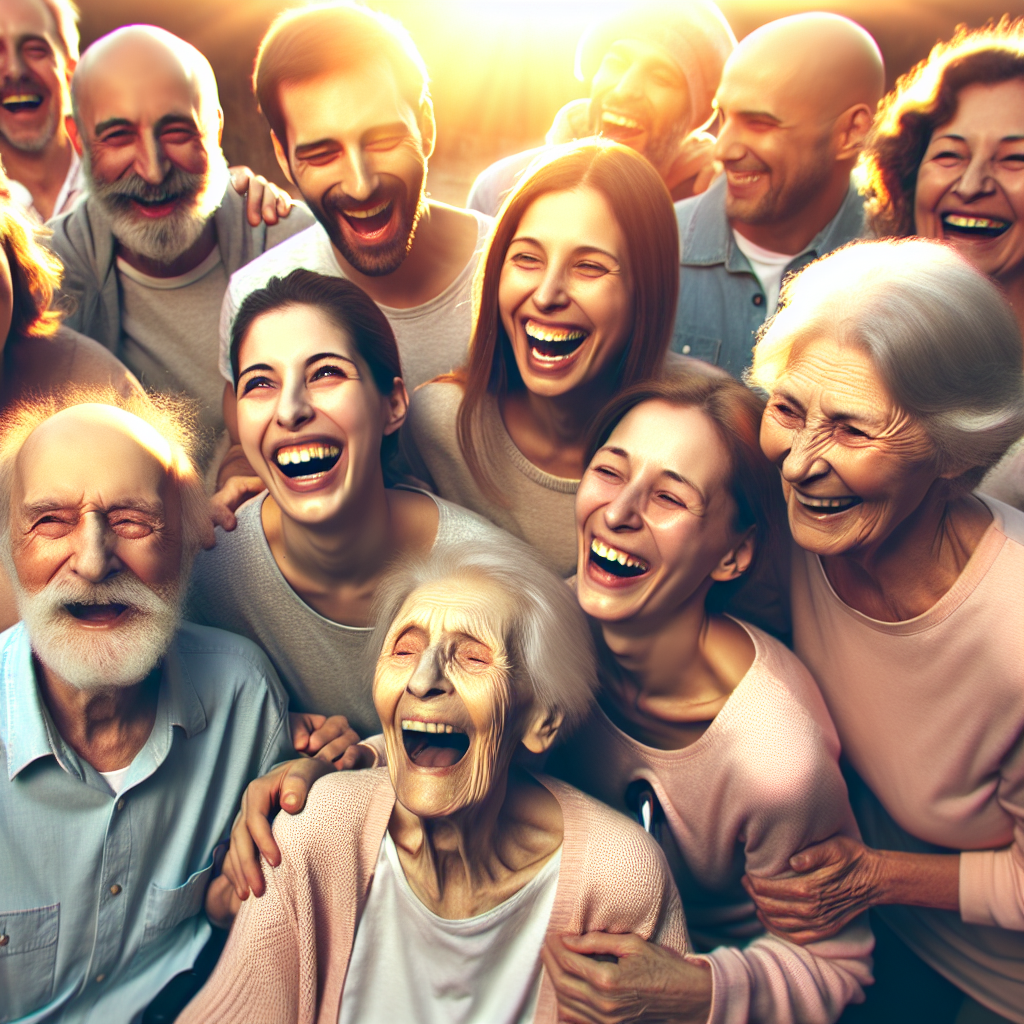 Generate a heartening and inspiring image, that embodies the indomitable spirit of patients living with ALS, using natural lighting and soft shadows. The image should depict a scene of laughter and camaraderie, highlighting the power humor has in uniting and uplifting. Include individuals of various genders and descents, as well as portray various sectors of the community coming together to support these patients, emphasizing the unforgettable power of the patient spirit.
