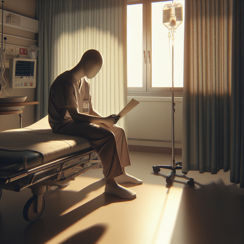 Create a photorealistic and poignant image capturing a deeply emotional moment of acknowledging a hard truth. Picture a medical setting with natural lighting streaming in through a window, casting warm, soft shadows. There's an anonymous person in comfortable clothing, sitting on the edge of a hospital bed, reading a medical chart head held low. Their body language communicates shock, sadness, and vulnerability. The room is minimal, sterile, yet humane, and reflects a sense of solitude and introspection.