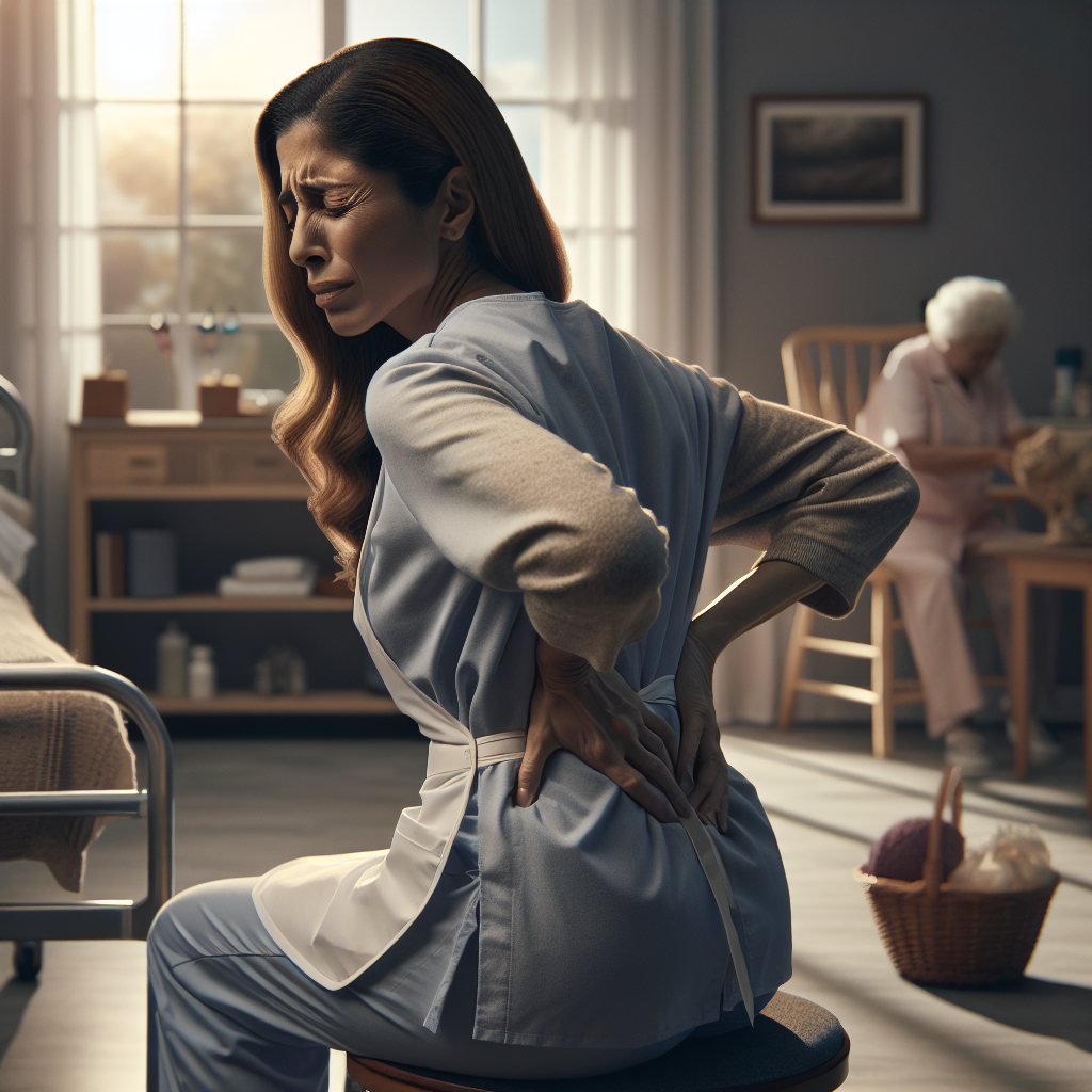 Create a poignant, photorealistic scene encapsulating the harsh reality of back pain experienced by ALS caregivers. The picture should include a care provider, of Hispanic descent and female gender, subtly clutching her lower back, her face contorted in an expression of discomfort. In the background, place care giving tools scattered haphazardly. The room should be bathed in natural daylight, with soft shadows emphasizing the intense atmosphere. The emotional weight and physical labor associated with such roles should be palpable.