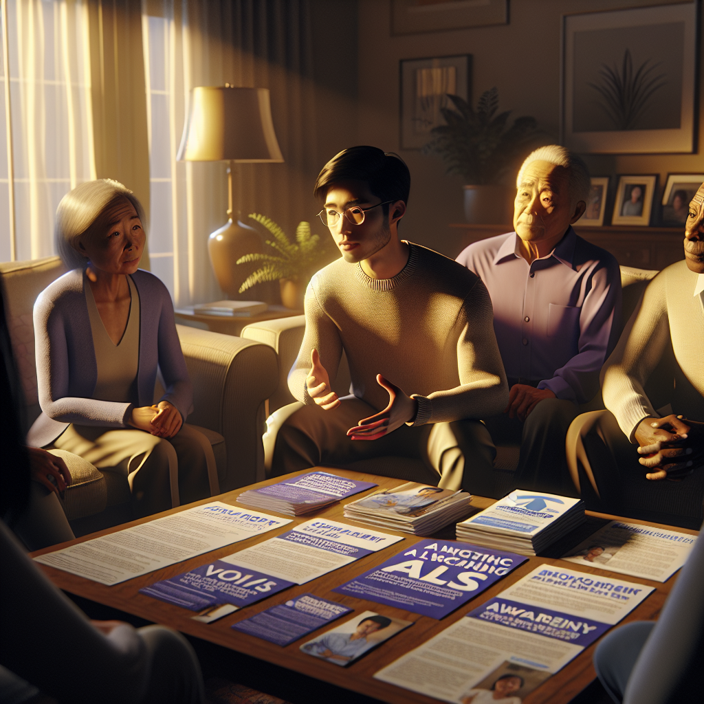 Generate a photorealistic image depicting a scenario that brings awareness to ALS (Amyotrophic lateral sclerosis). The scene includes an intimate family gathering in a warm living room lit with natural lighting, creating soft shadows. A cherished family member of Asian descent and male gender who is battling ALS, is sharing his story, imparting wisdom and stirring everyone's hearts. Other family members consist of a young Caucasian male, an elderly Hispanic female, and a middle-aged Black female, all listening attentively. They are surrounded by ALS awareness pamphlets and flyers on the coffee table, subtly stating the importance of their advocacy. This symbolizes not just their personal struggle but their commitment to leaving a lasting legacy.