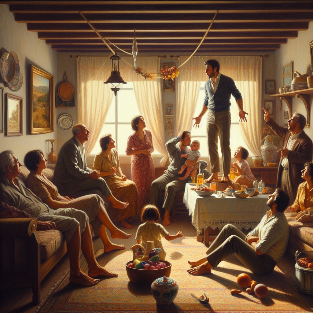 Render an emotionally charged scenario of an intimate family setting. Visualize a Mediterranean descent family in an informal gathering at home, presented under natural lighting conducive to soft, gentle shadows. In this scenario, portray signs of underlying tension and resentment among the family members, especially with key traits of a primary caregiver displaying flashes of anger. Through this tension, also showcase subtle elements of nostalgia and yearning for peace and harmony. Symbolic objects or elements denoting the concept of ALS (Amyotrophic Lateral Sclerosis) can be carefully embedded within the image.