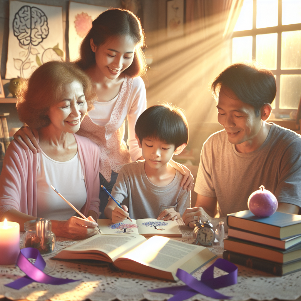 Create a heartwarming image with natural lighting and soft shadows that depicts a family spending quality time together, creating memories and emphasizing learning life lessons against a backdrop, subtly implying the narrative of a journey through ALS disease. The family could be seen engaging in supportive and loving activities such as reading together, cooking together, or comforting each other, emphasizing the importance of prioritizing family values in facing life's challenges