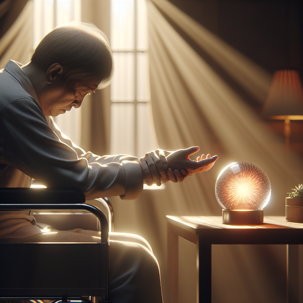 Create a richly detailed, photorealistic image that aims to portray a challenging narrative regarding ALS (Amyotrophic Lateral Sclerosis). This scene should include a patient, preferably with an Asian descent, demonstrating a struggle with their loss of independence, emotions heavy on their face. They're in a warm, comfortable and homey setting. Despite this struggle, also embody an element indicative of unshakeable faith and hope: their hand - indicative of trying to reach out - touching a brightly lit glass orb on a side table, the glow symbolizing positiveness and resilience. Soft natural lighting and shadows should be used to evoke warmth and depth to the scene.