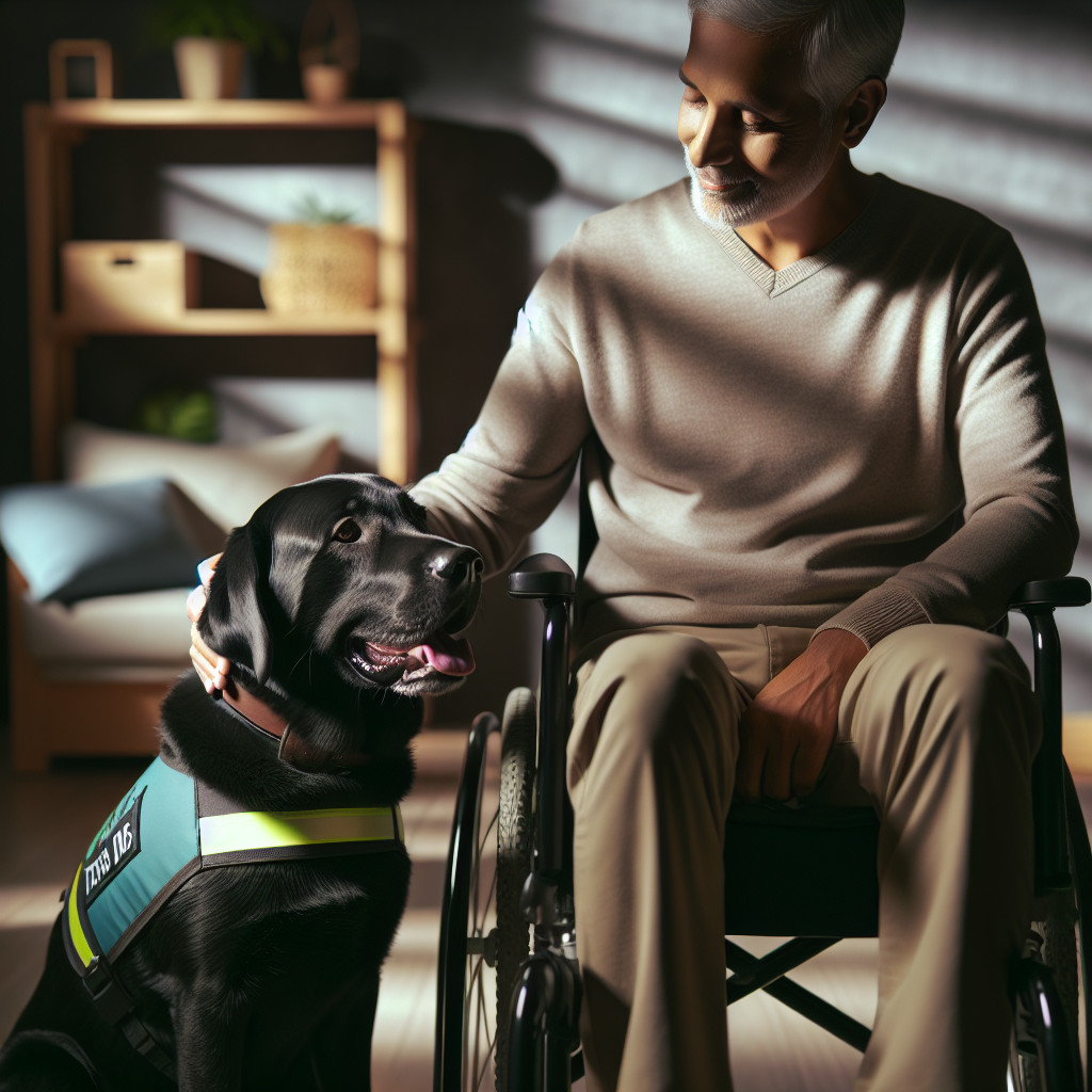 Create a high-quality, photorealistic image focusing on the scene of ALS therapy dogs at work. The setting is a softly lit indoor space, perhaps a cozy living room or a professional therapy office. The primary element of the composition should be a charming Black Labrador retriever, equipped with its therapy dog vest, sitting attentively by the side of a South-Asian man who is using a wheelchair. They're interacting with deep understanding and connection, the dog providing comfort and companionship. The man has a gentle, peaceful smile on his face, expressing the incredible impact of animal support. The scene also includes soft shadows, symbolizing the delicate balance of light and darkness in life.
