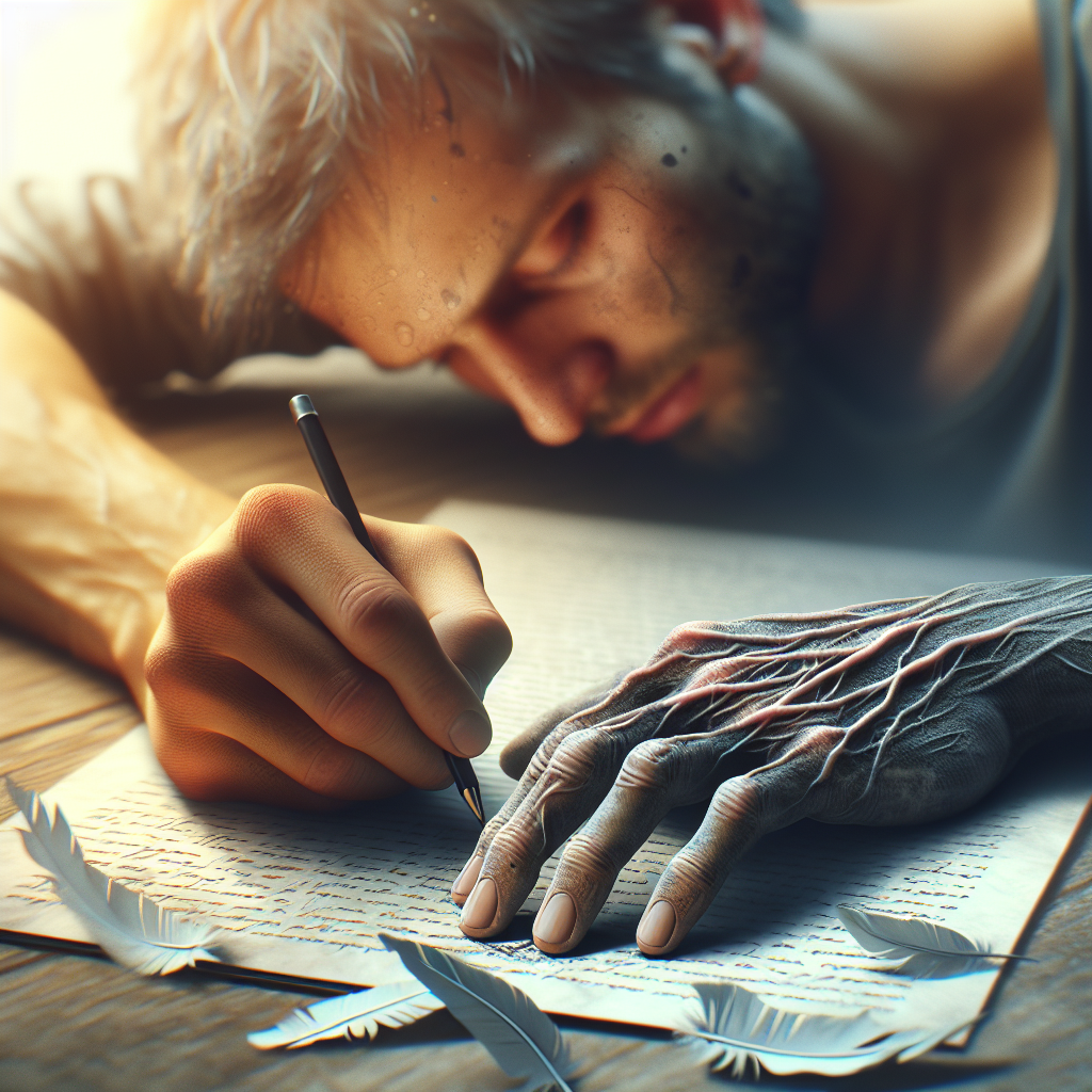 Generate a touching, high-quality, photorealistic image that depicts the struggling journey of a person with ALS. Show their previous ability to write and now their hand with paralysis, vividly display the heartbreak of their loss of writing ability. Use natural lighting and soft shadows to enhance the emotional effect.