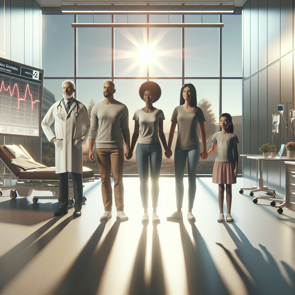 Create a photorealistic image that represents the theme of 'ALS Clinical Trials: Family Hope Amid Heartbreaking Challenges'. In this image, depict a hopeful family of four members, a Caucasian man, a Black woman, a Hispanic teenager, and a Middle-Eastern child, standing resiliently within a modern, well-equipped medical setting. Ensure the lighting is natural, with an emphasis on soft shadows. Feel free to create subtle symbolism, such as a sunrise symbolizing hope, or a medical chart with positive data trends, to display the family's strength and optimism in the face of adversities.