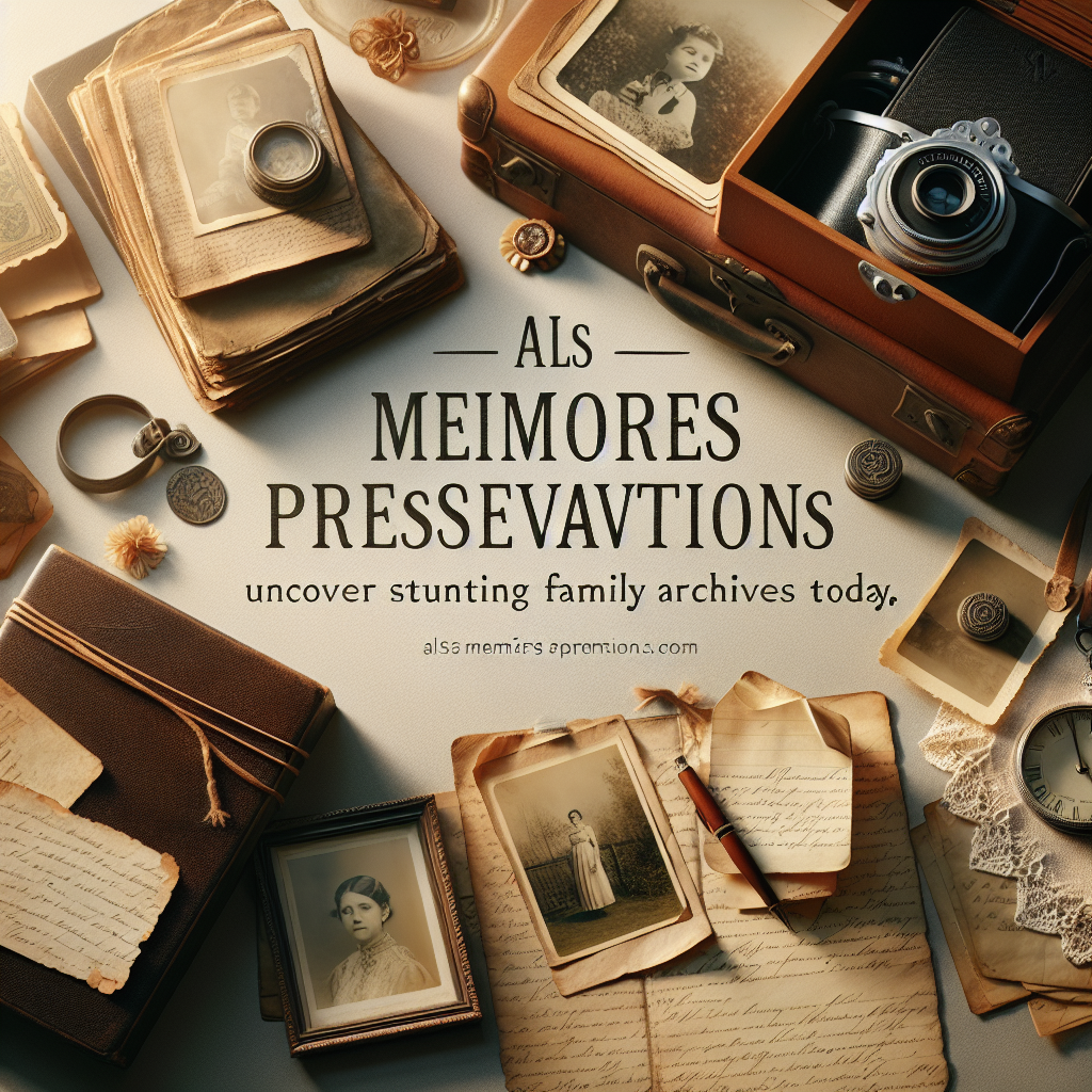 Create a visually appealing, high-quality image representing the preservation of family archives. The image should capture the essence of cherishing memories, with emphasis on old, archived family items such as vintage photographs, handwritten letters, old diaries, and heirlooms. The items should be in exquisite detail and finely laid out, showcasing a sense of history and nostalgic charm. To enhance the overall aesthetic, natural light should illuminate the artifacts, creating soft shadows and inviting a warm, comforting atmosphere. Include the text 'ALS Memories Preservation: Uncover Stunning Family Archives Today' in an elegant, non-distracting font within the image.