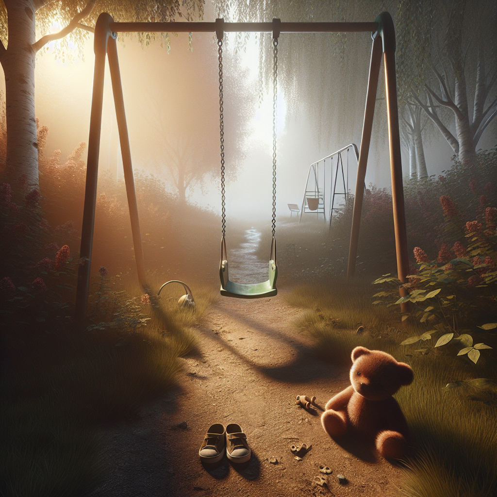 Generate a poignant and high-quality, photorealistic image that illustrates the concept of premature maturity due to ALS. Show the scene in natural lighting and use soft shadows to portray the depth of emotions involved. The scene should convey a sense of loss, specifically the loss of childhood innocence. Owing to the sensitivity and depth of this theme, the use of symbology such as an empty swing set, a teddy bear dropped in the path, small shoes left behind, etc., which are typically associated with childhood, could be effective.