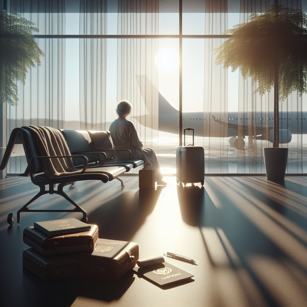 Generate a high-quality, photorealistic image showcasing the somber and thought-provoking journey of a patient with ALS deciding to pursue medical aid in dying abroad. The scene should incorporate elements of travel such as, passports, suitcases, a drive to the airport, or an airplane. Natural lighting should be used to create an atmosphere of soft shadows and contemplative ambience. Ensure to present this crucial decision with sensitivity and utmost respect, offering insight into their perspective and emotions.