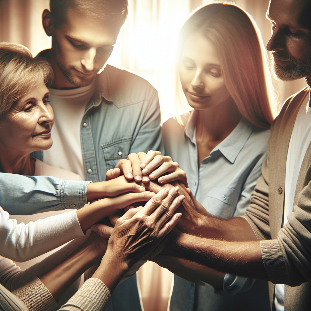 Create a high-quality, photorealistic image that depicts a strong family bond. Use natural lighting and soft shadows to enhance the emotional depth of the scene. Show different family members in a setting where they display immense support and affection towards each other. This support can be shown through compassion-filled gestures like holding hands, hugging, or sharing a heartfelt conversation. The family unit, possibly of different ages, should convey a sense of unity, love and unprecedented strength, representing how a challenging situation like ALS can deepen the love within a family.