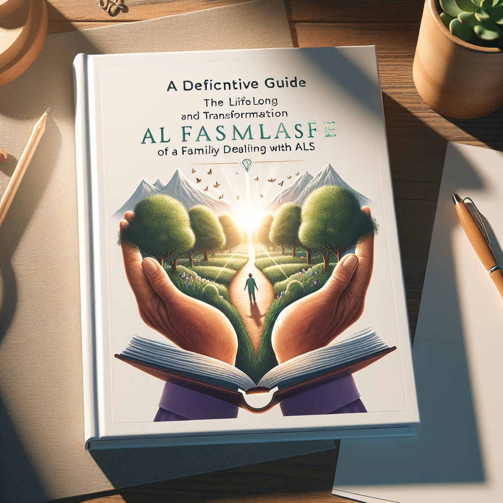 Create an image of a cover for a definitive guide that explores the lifelong impact and transformation of a family dealing with ALS. The image should convey a sense of hope and resilience. Use natural lighting and soft shadows to contribute to the overall mood of the image. Potentially include elements such as an open book symbolizing knowledge and understanding, caring hands to represent love and support, and a pathway or journey that symbolizes the family's ongoing journey.