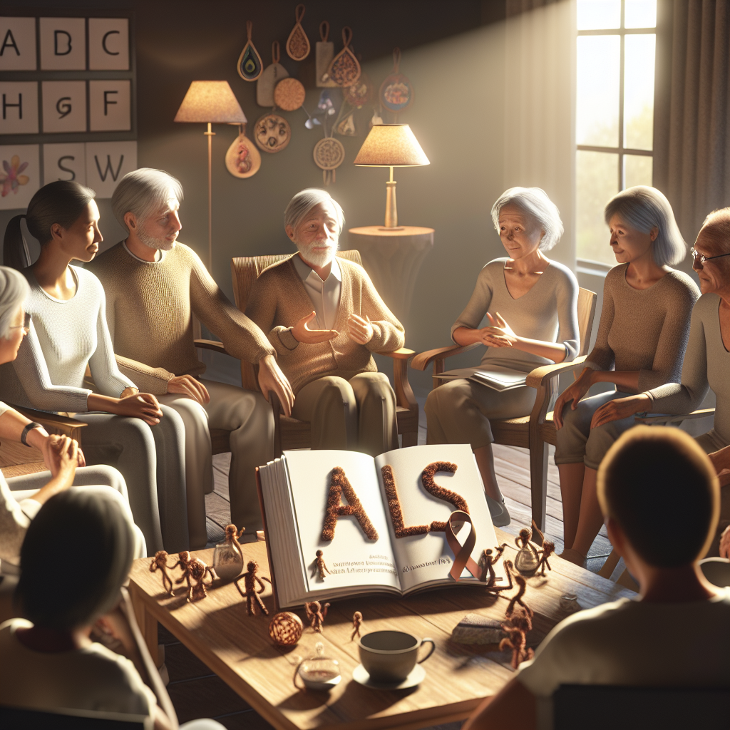A high-quality, photorealistic depiction with natural lighting and soft shadows of a multi-aged diversified group of people sitting in a warm, comfortable setting. They are engaging in an intimate conversation about ALS, with supportive and empathetic expressions on their faces. In their center, an alphabet book about ALS awareness aimed at children is visible, beautifully illustrating the cause. Subtle elements like ornaments made from the healing stones and symbols of solidarity subtly adorn the room. The atmosphere underlines the concept of sharing stories, inspiring awareness and healing for affected families.
