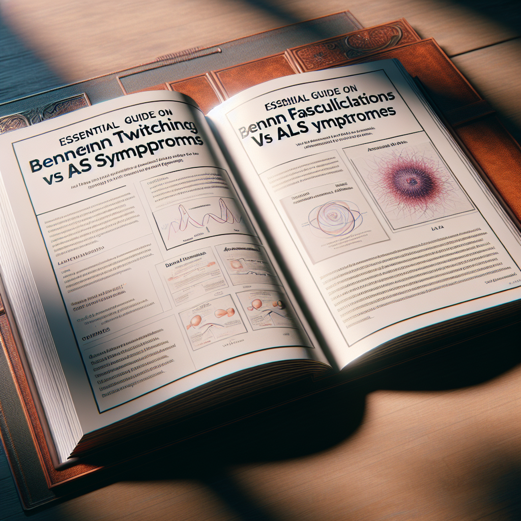 Create a photorealistic image that depicts a table with an open book titled 'Essential Guide on Benign Twitching vs ALS Symptoms'. The scene is lit by natural light, casting soft shadows across the tabletop. The book's pages illustrate diagrams and text about the contrast between benign fasciculations and ALS symptoms.