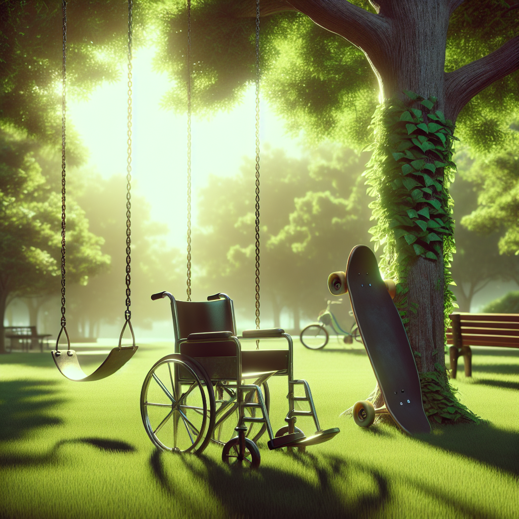 Generate a photorealistic image depicting the silent progression of a neurological disorder symbolized through the loss of movement. The scene might include a park setting, with an empty swing indicating a child's inability to play, an unused skateboard leaning against a tree, and a wheelchair sitting in the middle, not yet in use but waiting. The overall atmosphere should reflect a serene yet somber mood. Use natural lighting for vibrance and soft shadows for depth and complexity. While the scene doesn't directly present humans, it tells a story of characteristics associated with gradual ALS onset.