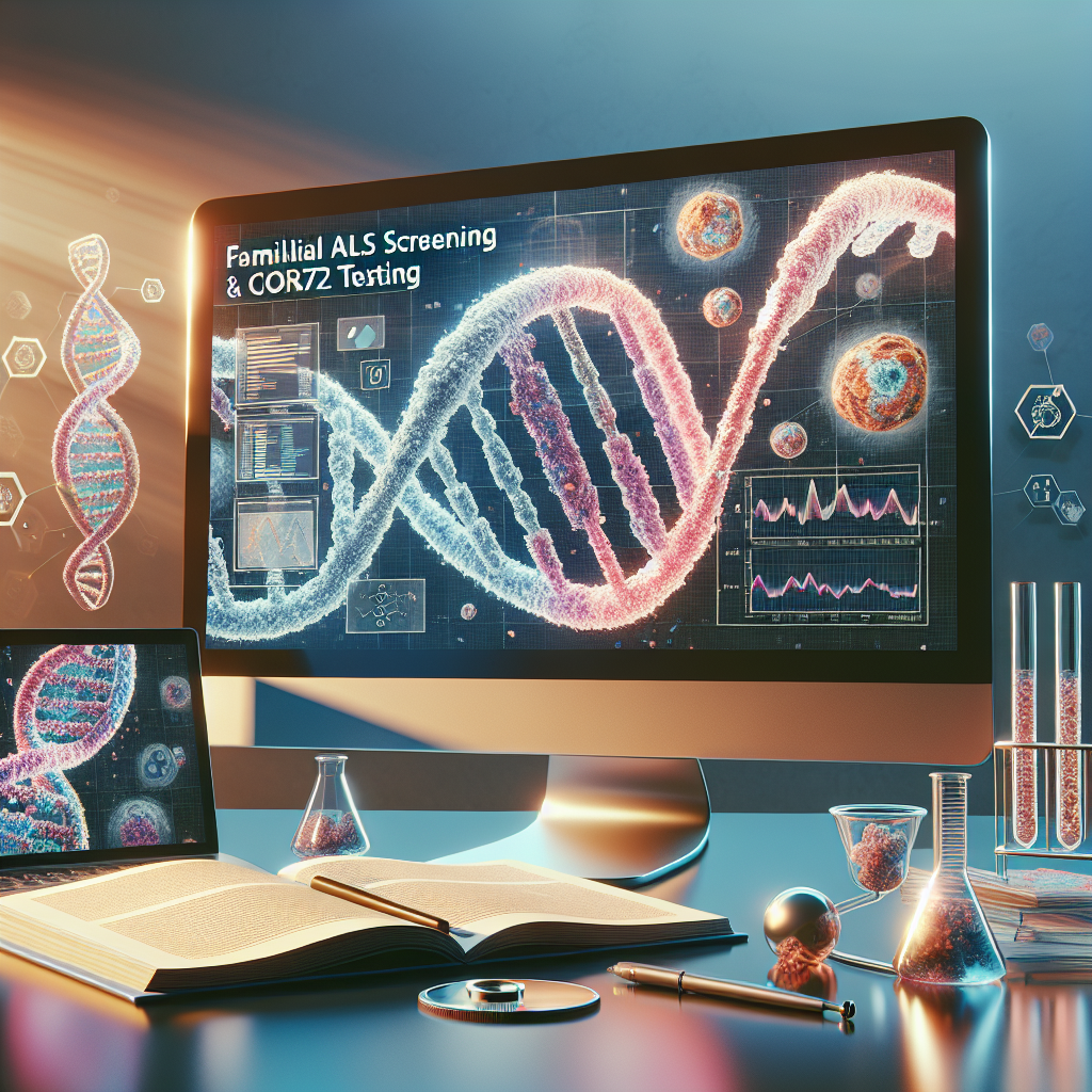 Generate a high-quality, photorealistic image about Familial ALS Screening and C9orf72 Testing. The image should depict a gene panel under natural lighting, casting soft shadows. It should include symbolic representations such as DNA double helix, microscopic images of cells, and a computer with data graphs to illustrate the process of genetic testing for ALS. Have a book with the title 'Familial ALS Screening & C9orf72 Testing' prominently displayed and text on a screen explaining the process. Also include a serene and scientific atmosphere with analogous colors palette.