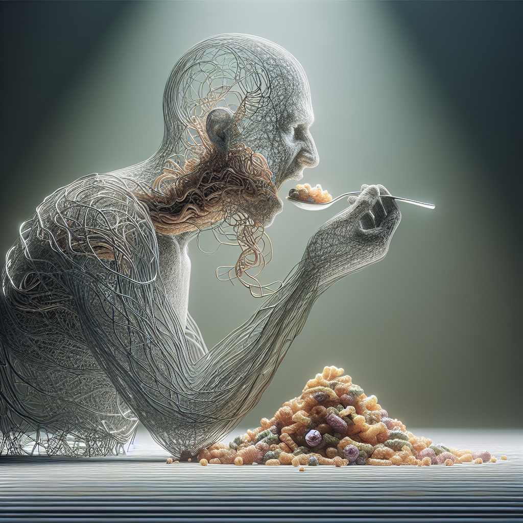 Produce a high-quality photorealistic image that illuminates the concept of Bulbar Onset symptoms linked to ALS. The image should depict two central elements: the difficulty in speech and swallowing. It should use natural lighting and soft shadows to emphasize these elements. The speech difficulty could be symbolized by a tangled web of lines, representing intricate sound waves caught in a struggle, while the swallowing issue can be represented by a seemingly insurmountable mountain, standing in the path of food represented by small nutrients. It's crucial that the image remains respectful and thoughtful, without embodying any particular individual.