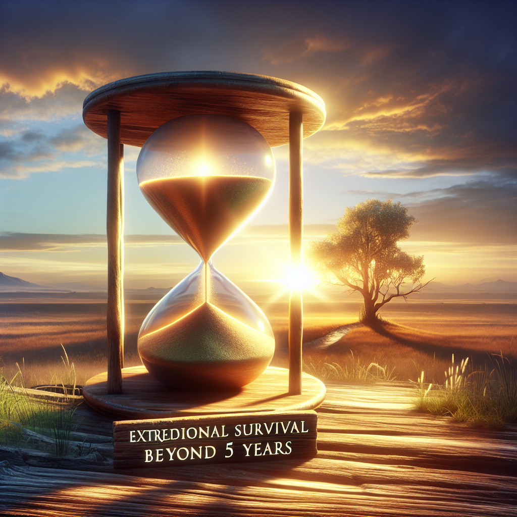 Generate a high-quality, photorealistic image using natural lighting and soft shadows that illustrates the theme of exceptional survival. Picture a serene environment that inspires hope: a warm sunrise over a vast landscape, symbolizing a new day and prolonged life. In the foreground, place an esthetically pleasing hourglass where the sand is slowly slipping, symbolising slow progression. Add an inspirational phrase in elegant text, 'Exceptional Survival Beyond 5 Years'.