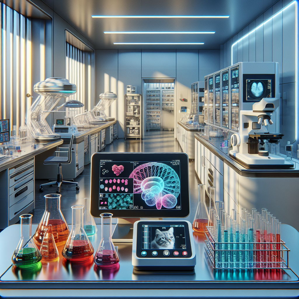 Generate a high-quality, photorealistic image portraying a scientific research lab setting that has a potential experimental treatment for neurodegenerative diseases like ALS. The lab should appear modern, clean and futuristic, showcasing several affordable-looking devices and technologies. Some key elements can include beakers filled with vivid colored substances, cat petri dishes, and high-tech looking scanning devices. The room should be illuminated with natural lighting, creating a soft shadow effect adding depth to the image.