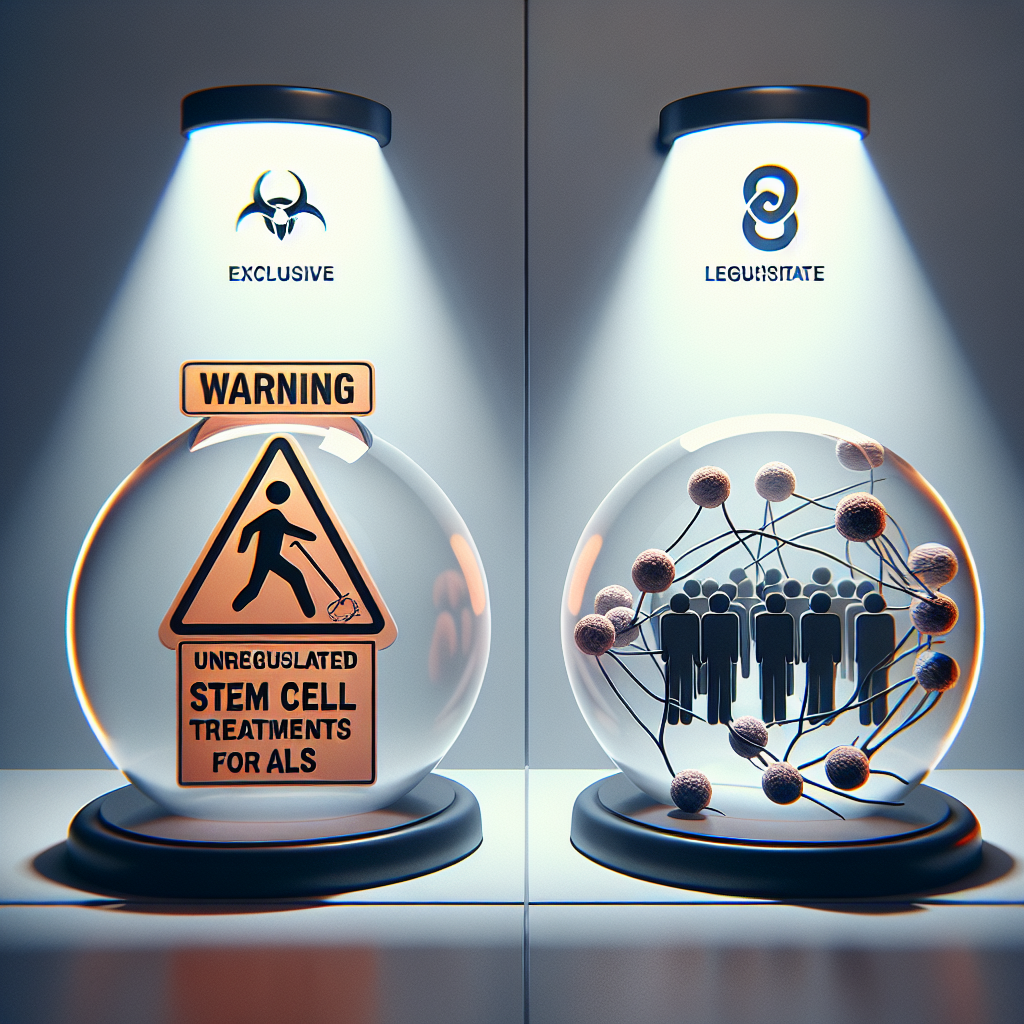 Visualize an illustration depicting the contrast between the warning signs associated with unregulated stem cell treatments for ALS (depicted with a symbol of danger), and the exclusive, legitimate scientific trials (represented with a symbol of validation). Present these contrasting scenarios side-by-side, in a sophisticated manner with the use of natural lighting and soft shadows. The overall image should reflect a careful balance between alarm and hope.