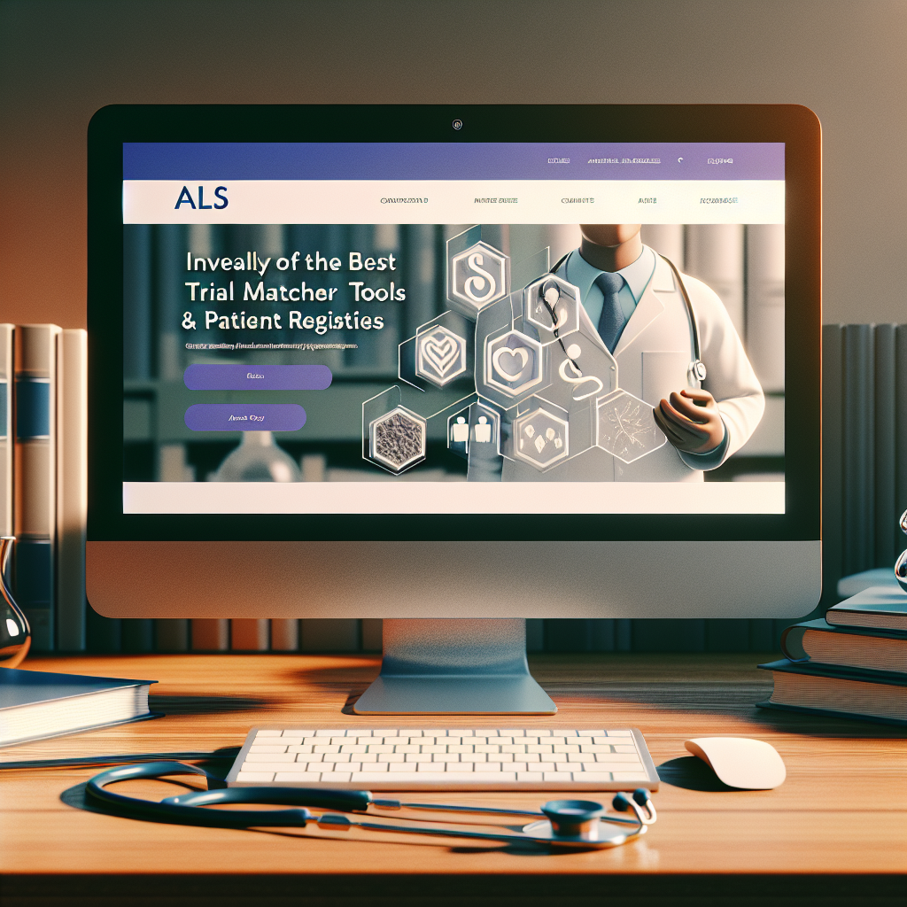 Create a high-quality, photorealistic image that illustrates the concept of a clinical trial website for ALS (Amyotrophic Lateral Sclerosis). The focus should be on the unveiling of the best trial matcher tools and patient registries. The picture should showcase a computer screen displaying the website, with the mentioned tools and registries highlighted prominently on the screen. Use natural lighting to emphasize the screen and produce soft shadows around the objects. In the background, tastefully blurred, place a stethoscope and some medical books, subtly hinting at a medical professional's workspace.