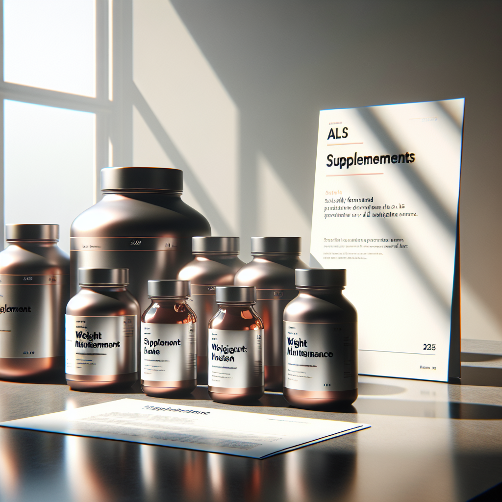 A high-quality, photorealistic image of a well-lit scene with soft shadows. The scene shows a countertop with a collection of scientifically developed supplements designed for the year 2025, specially formulated for ALS weight maintenance. The supplements are in liquid form and are ideal for high-calorie intake. The bottles and containers are sleek, modern, and distinctly marked to reflect their purpose. They are positioned next to a leaflet that has useful information about the importance of weight maintenance in ALS and the efficacy of these supplements.