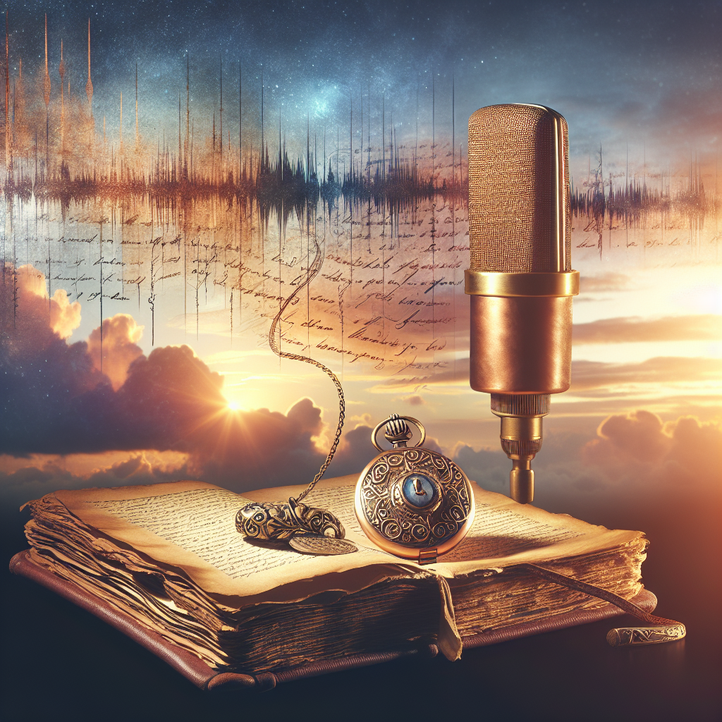 Create a high-quality, photorealistic visual characterized by natural lighting and soft shadows. The subject of the image should symbolize the concept of voice preservation, such as an old, beautifully worn book opened to show its lines of text, a golden locket with sound waves etched onto it, and an antique microphone, against an inspiring background of softly-glowing dawn sky. Overlayed in unobtrusive sections of the image, include snippets of a cursive script signifying recorded messages, thus representing the revolutionary practice of message banking.